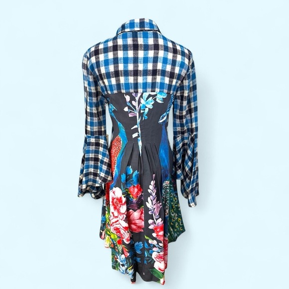 Aratta NWT SZ Sm Flannel Blue&White PlaidPeacock‎ Long Sleeve midi Shirtdress